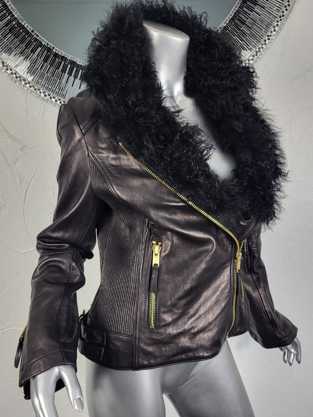 WILSON'S~M~BLACK GENUINE LEATHER REAL MONGOLIAN CURLY LAMB FUR MOTO JACKET COAT - Picture 6 of 16